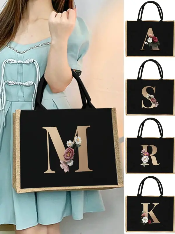 Women's Fashionable Letter & Flower Decorated Tote Bag, 1 Count Large Capacity Shopping Bag, Perfect Handbag for Party