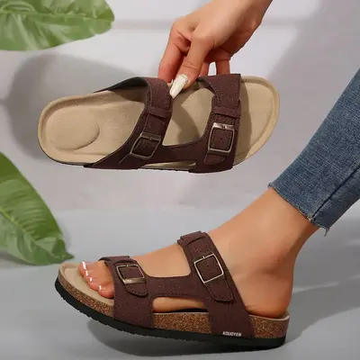 Women's Cork Footbed Slide Sandal, Open Toe Sandals Outdoor Sandals with 2 Adjustable Buckle