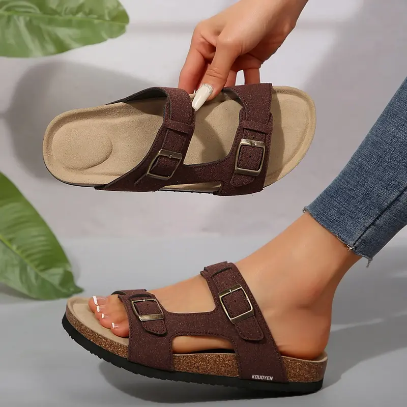 Women's Cork Footbed Slide Sandal, Open Toe Sandals Outdoor Sandals with 2 Adjustable Buckle