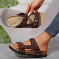 Women's Cork Footbed Slide Sandal, Open Toe Sandals Outdoor Sandals with 2 Adjustable Buckle