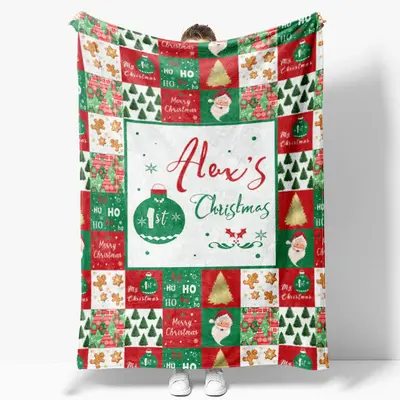 Custom Name Red Green Plaid 1st Christmas Blanket - Aperturee