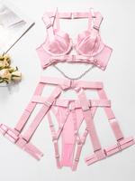 Women's Solid Color Chain Decor Sexy Lingerie Set, Adjustable Strap Bra & Cut Out Thong & Garter Belt & Thigh Straps Set, Und...