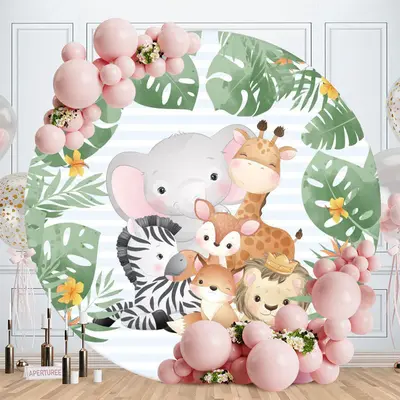Aperturee Green Leaves And Animals Round Baby Shower Backdrop
