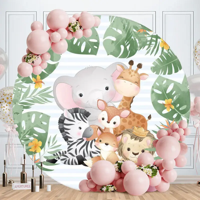 Aperturee Green Leaves And Animals Round Baby Shower Backdrop