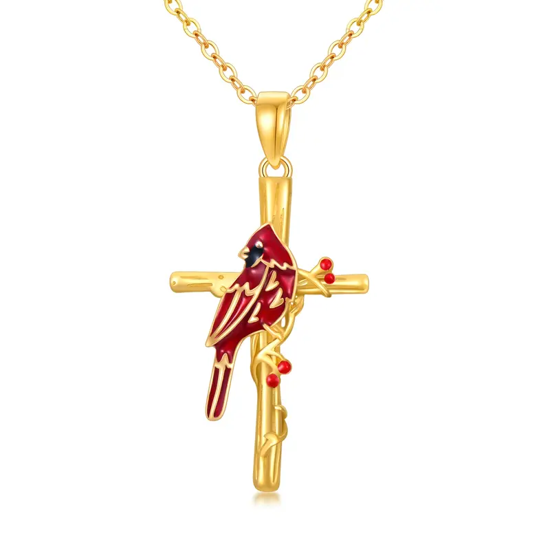 14K Gold Cardinal & Cross Pendant Necklace