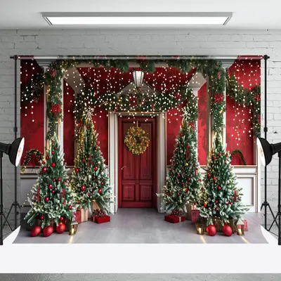 Plant Xmas Trees Red White Door Christmas Backdrop