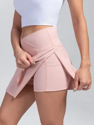 Women's Solid Pocket High Waist Sports Skorts, Simple Comfort Breathable Sporty Wrap Gym Shorts for Gym Workout Running, Te...