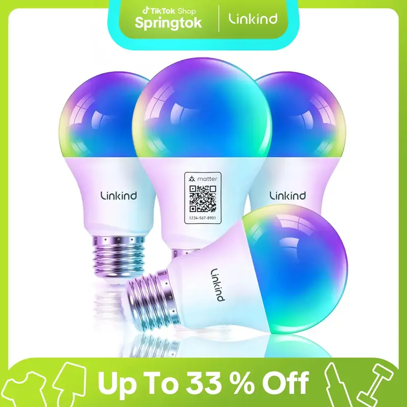 Linkind Matter Smart RGB Bulb 60W with Voice & APP Remote Control, Music Sync, Color Changing,Smart Bulbs Work with Apple Hom...