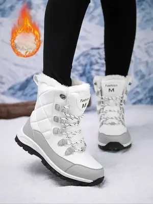 Women's Fashionable Letter Patched Design Lace Up Snow Boots, Women Shoes, Casual Warm Ankle Winter Boots for Winter, Female ...
