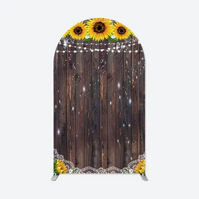 Aperturee Yellow Sunflower Retro Brown Wooden Arch Backdrop | Custom Arched Wall Covers | Round Arch Backdrop Cover | Diy Rou...
