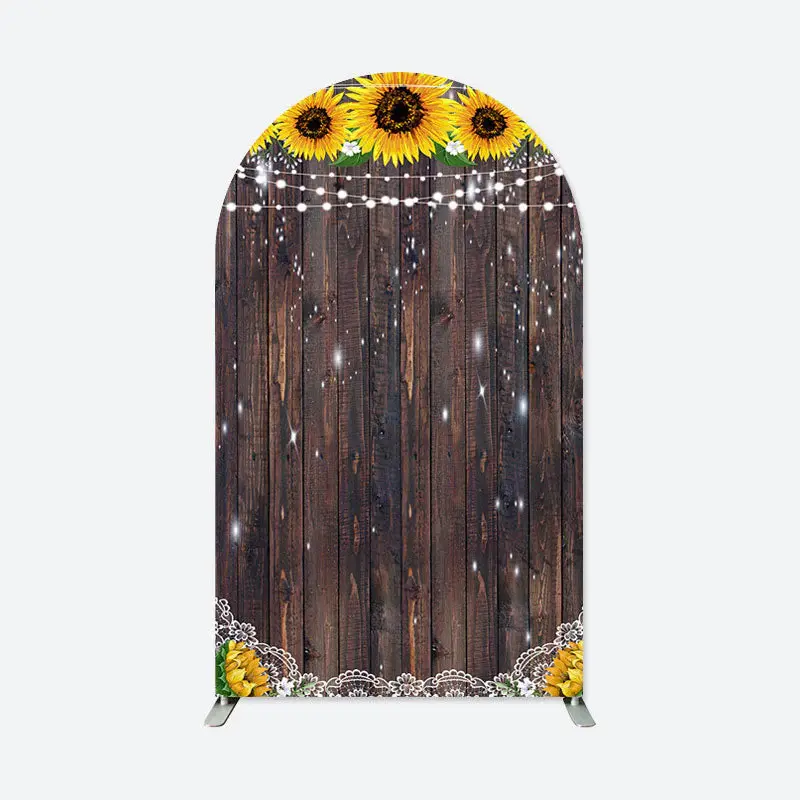 Aperturee Yellow Sunflower Retro Brown Wooden Arch Backdrop | Custom Arched Wall Covers | Round Arch Backdrop Cover | Diy Rou...