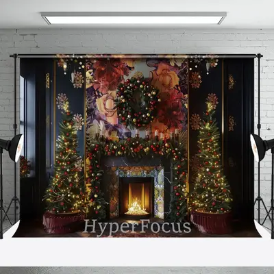 Fireplace Navy Wall Floral Mural Christmas Backdrop - Aperturee