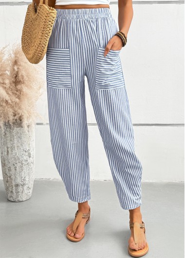 Modlily Dusty Blue Striped Elastic Waist High Waisted Pants - XL