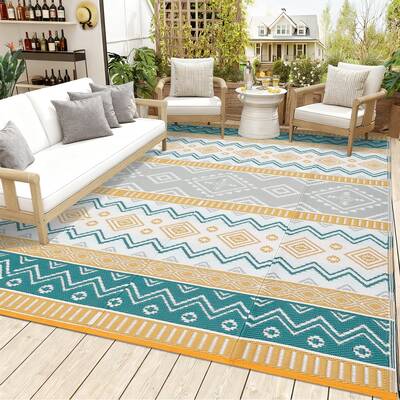 Garvee Modern Geometric Outdoor Area Rug - Waterproof, UV Resistant, Lightweight, Easy Clean, Non-Shedding Patio Carpet, 10x1...