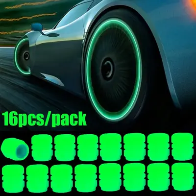 Glow-in-the-Dark Rubber Tire Valve Caps (Pack of 16)- Fluorescent, Dust-proof, Enhancing Safety & Style for Cars/Bikes