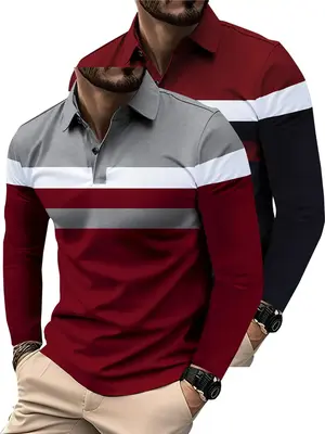 Men's Colorblock Print Button Front Polo Shirt, Regular Fit Casual Long Sleeve Top for All Seasons, Fashion Men's Clothes fo...