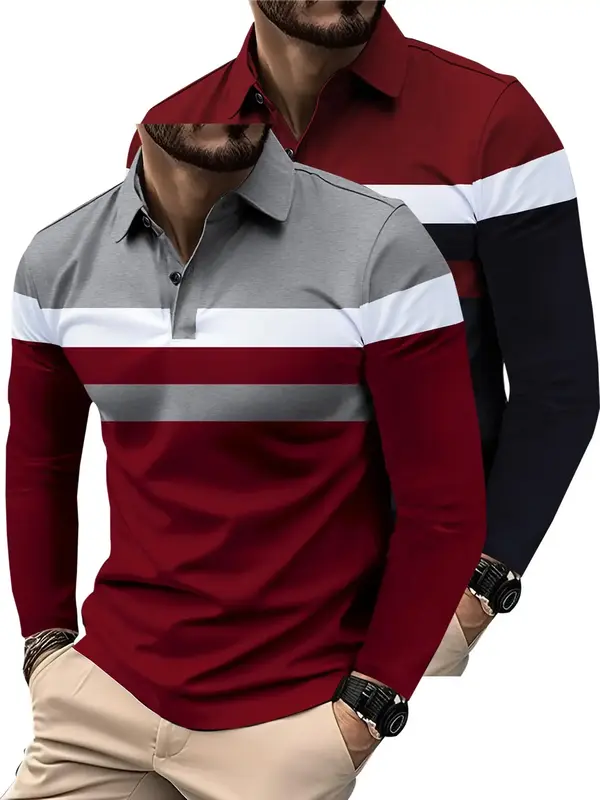 Men's Colorblock Print Button Front Polo Shirt, Regular Fit Casual Long Sleeve Top for All Seasons, Fashion Men's Clothes fo...