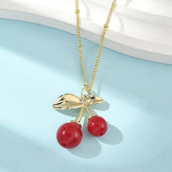 Brass Resin Fruit Cherry Pendant Satellite Chain Necklaces for Women