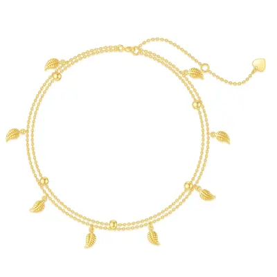 14K Gold Maple Leaf & Bead Multi-layered Charm Anklet