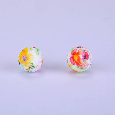 Printed Round with Flower Pattern Silicone Focal Beads