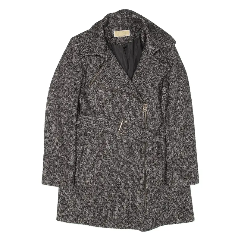 MICHAEL KORS Trench Knit Coat Grey Wool Herringbone Womens M