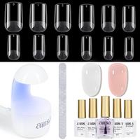 AILLSA Gel Nail Kit Short Square Acrylic Nail Tips 240pcs with 2In1 Nail Glue Base Coat Nail Dehyrator UV Light Jelly Gel Pol...