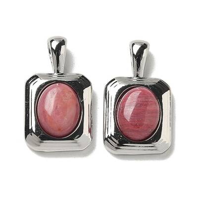 Brass Pave Natural Rhodonite Rectangle Pendants