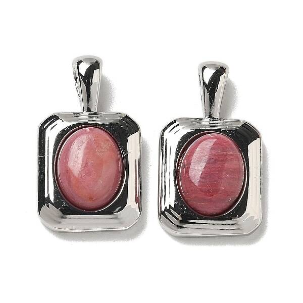 Brass Pave Natural Rhodonite Rectangle Pendants