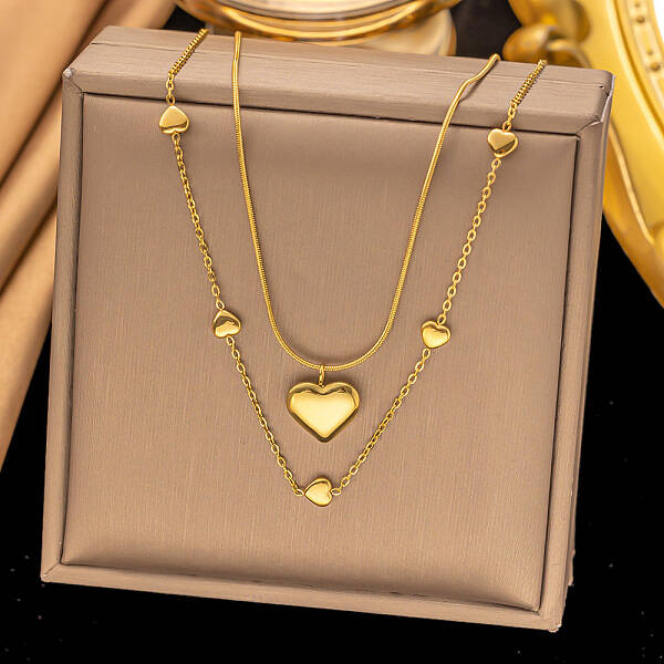 304 Stainless Steel Heart Pendant Double Layer Necklaces for Women