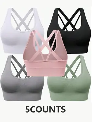 Women's Solid Criss Cross Sports Bra, Breathable Comfortable Sports Bra, Ladies Sportswear for Indoor Outdoor Wear