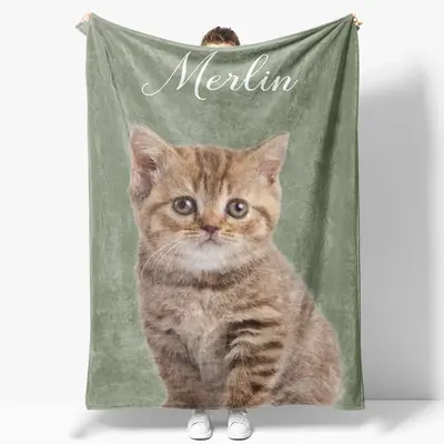 Aperturee Light Green Custom Pet Photo Name Blanket For Gift - Aperturee