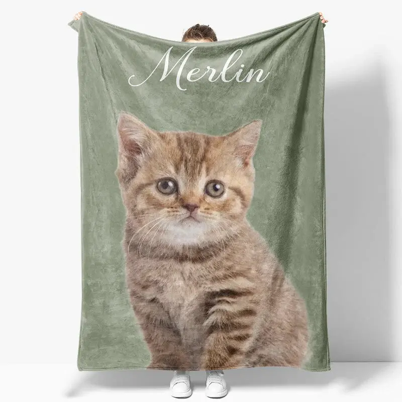 Aperturee Light Green Custom Pet Photo Name Blanket For Gift - Aperturee