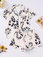 Women's Snake Print Shortsleeve Shirt & Elastic Waist Shorts Pajama Two-piece Set, Casual Comfy Short Sleeve Top & Shorts Paj...