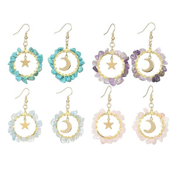 4 Pair 4 Style Natural & Synthetic Mixed Stone Chips Dangle Earrings