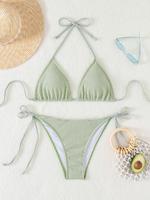 Two-piece Set Women's Striped Print Halter Bikini Set, Tie Back Triangle Swim Bra & Tie Side Swim Panty, Ladies Swimsuit for ...