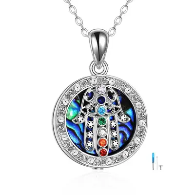 Sterling Silver Circular Shaped Chakras & Hamsa Hand Pendant Necklace with Engraved Word