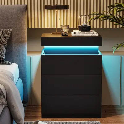 Nightstand with Charging Station and LED Lights,Night Stand with Sliding Top,Bedside Table with Drawers,Modern End Side Table...