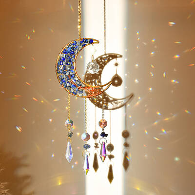 Natural Lapis Lazuli Chip & Brass Moon Hanging Suncatcher Pendant Decoration