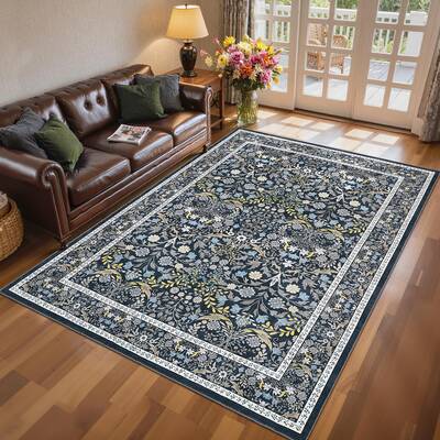 Garvee Vintage Floral Area Rug 10x13 - Machine Washable, Non-Slip, Soft Low Pile, Stain Resistant - Durable Edges, Blue - Liv...
