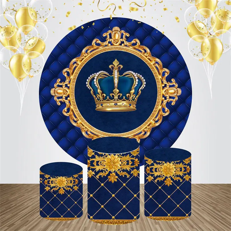 Royal Blue Gold Crown Round Birthday Backdrop Kit - Aperturee
