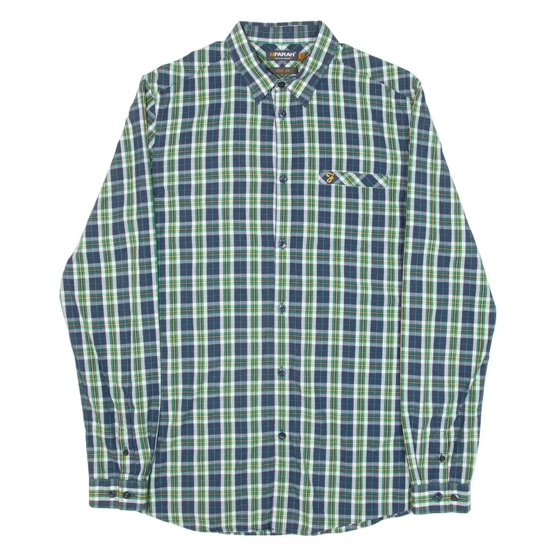 FARAH Slim Fit Mens Shirt Blue Check Long Sleeve S