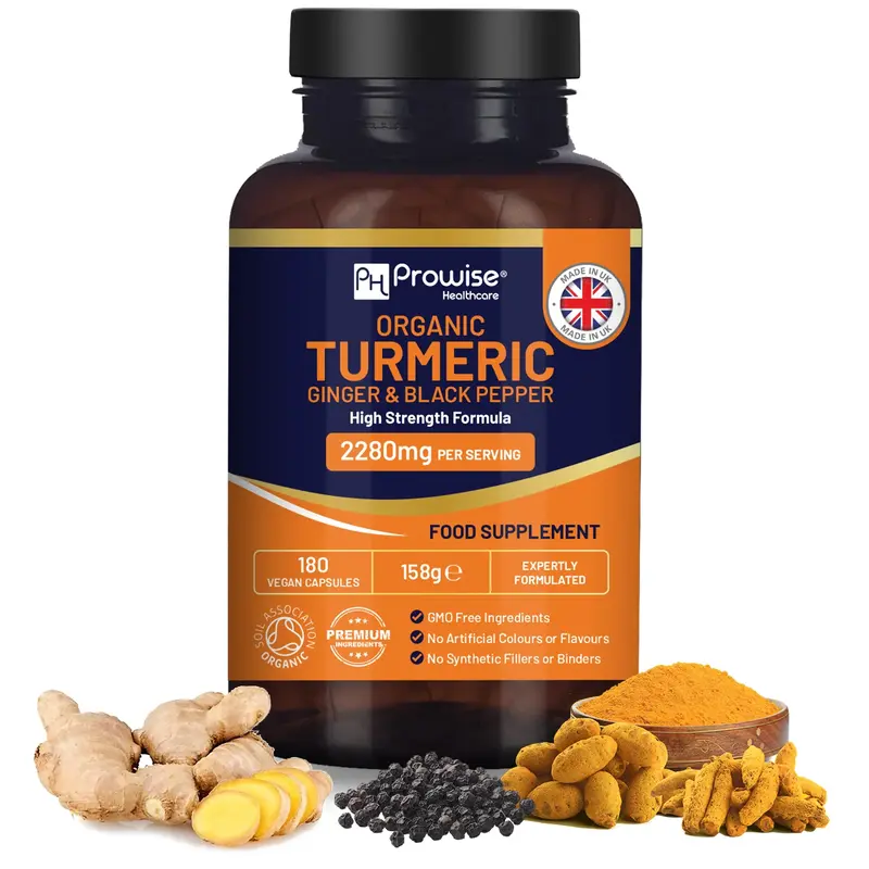 Organic Turmeric with Ginger and Black Pepper 2280mg (High Strength) | 180 Vegan Turmeric Capsules with Active Ingredient Cur...