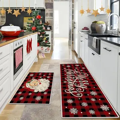 Christmas Themed Kitchen Mat, 2 Counts/set Xmas Non-slip Kitchen Rug, Indoor Mat, Holiday Decoration for Home, House Decor