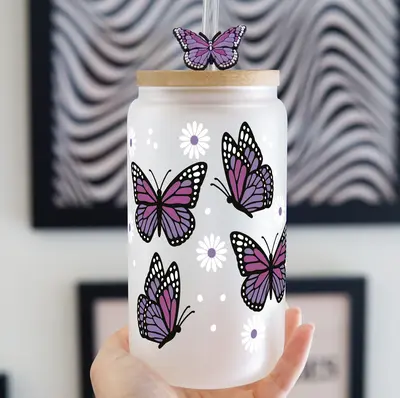 Sip-Sip Hooray! 16oz Purple Butterflies & Daisies Glass Can Cup – Reusable Drinkware with Lid & Straw, Printed Coffee Tumbl...