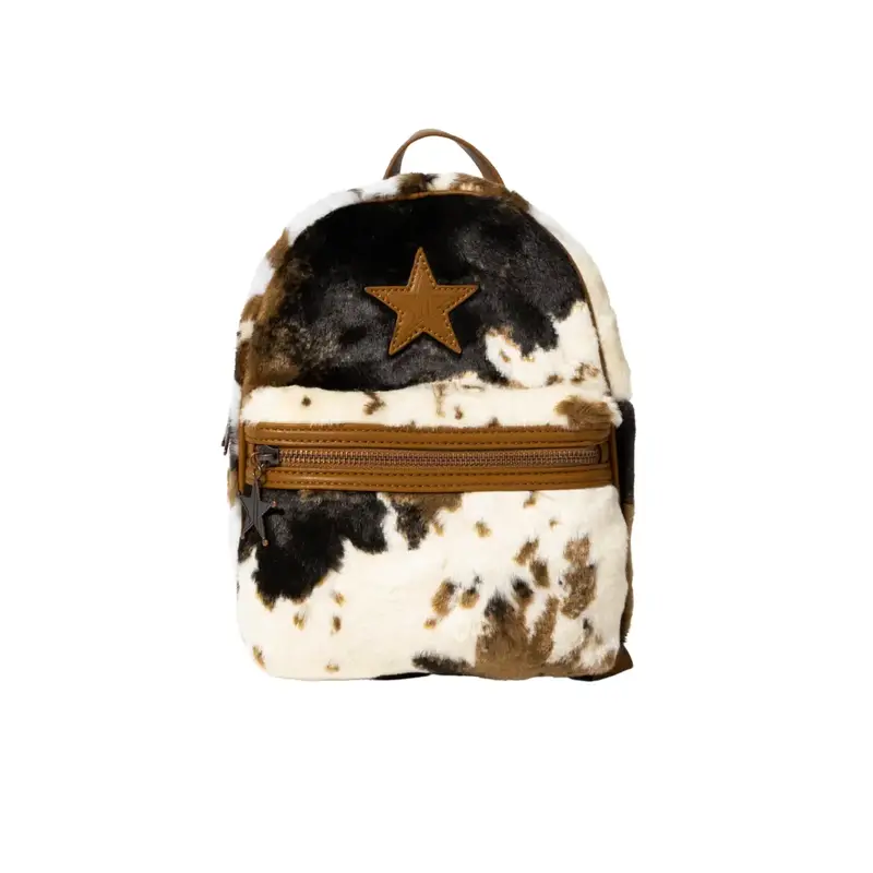Faux Fur Cow Print Mini Backpack - Debossed Vegan Leather Branding Patch & Custom Brass Hardware