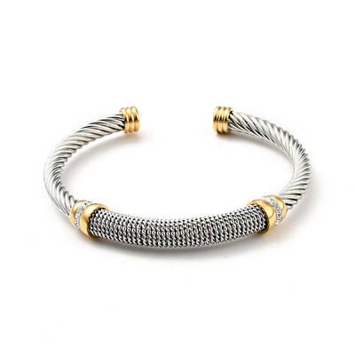 304 Stainless Steel Twist Rope Shape Open Cuff Bangle with Rhinestone for Women