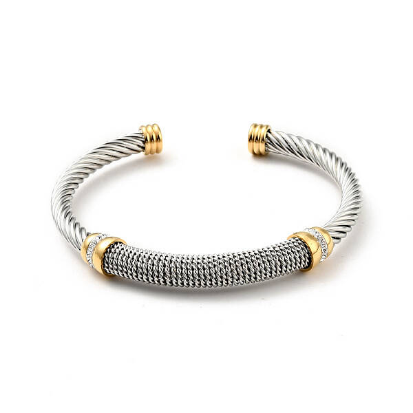 304 Stainless Steel Twist Rope Shape Open Cuff Bangle with Rhinestone for Women