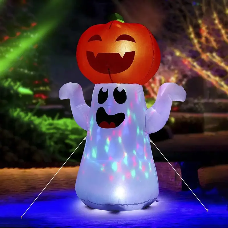 Halloween Inflatable Ghost Pumpkin Decoration, 1 Count 5ft Inflatable Ghost Pumpkin with Built-in 360° Rotating Colorful LED...