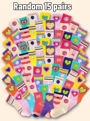 Random 15 Pairs Girls Sports Socks, Heart Colorful Stripes Cartoon Design, Soft Comfortable Kids School Socks for Spring Summ...