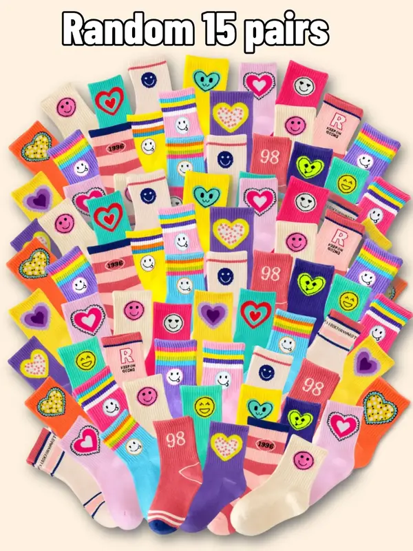Random 15 Pairs Girls Sports Socks, Heart Colorful Stripes Cartoon Design, Soft Comfortable Kids School Socks for Spring Summ...